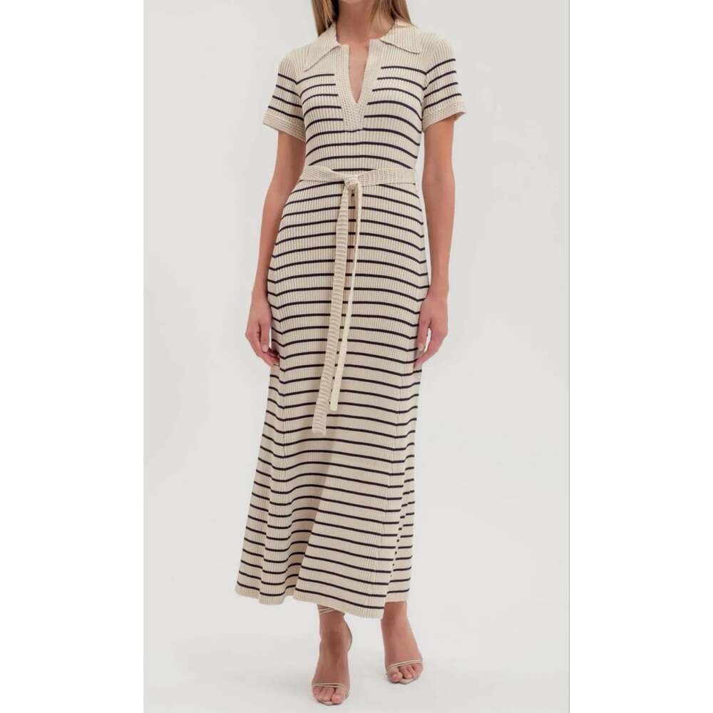 NWOT Joie Cream Black Striped Ribbed Knit Maxi Dress Belted Size Small